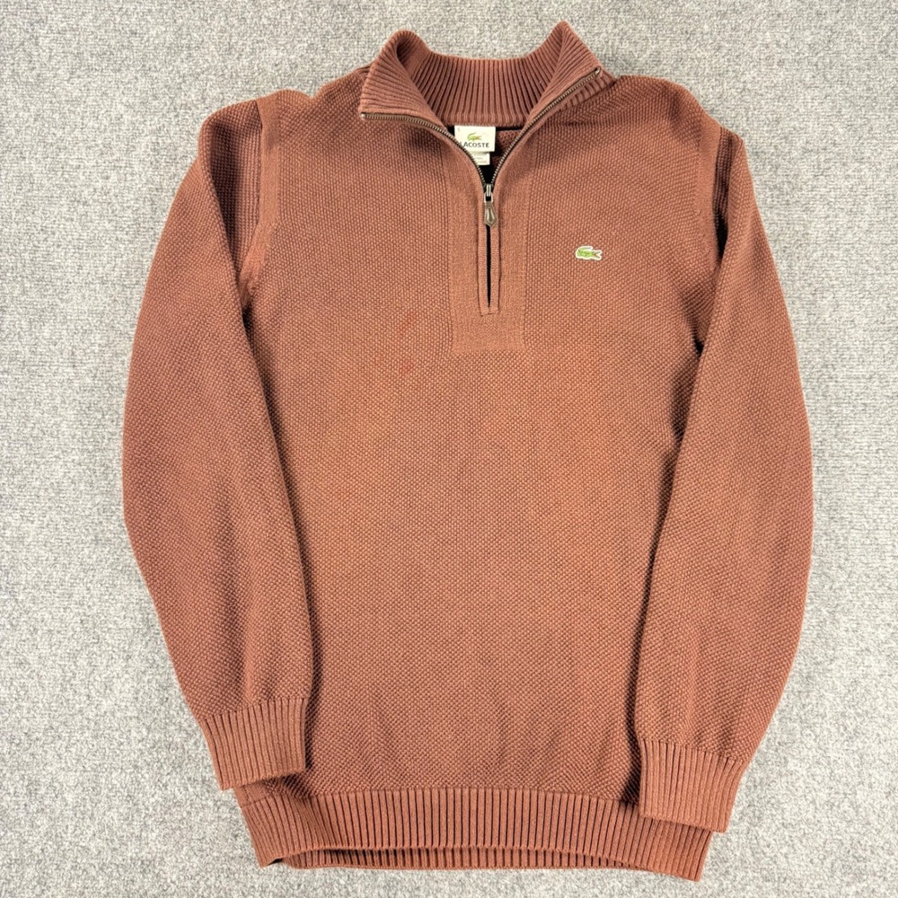 Lacoste Quarter Zip Pullover Sweater Mens Size 5 Large Brown Cotton Knit Mock